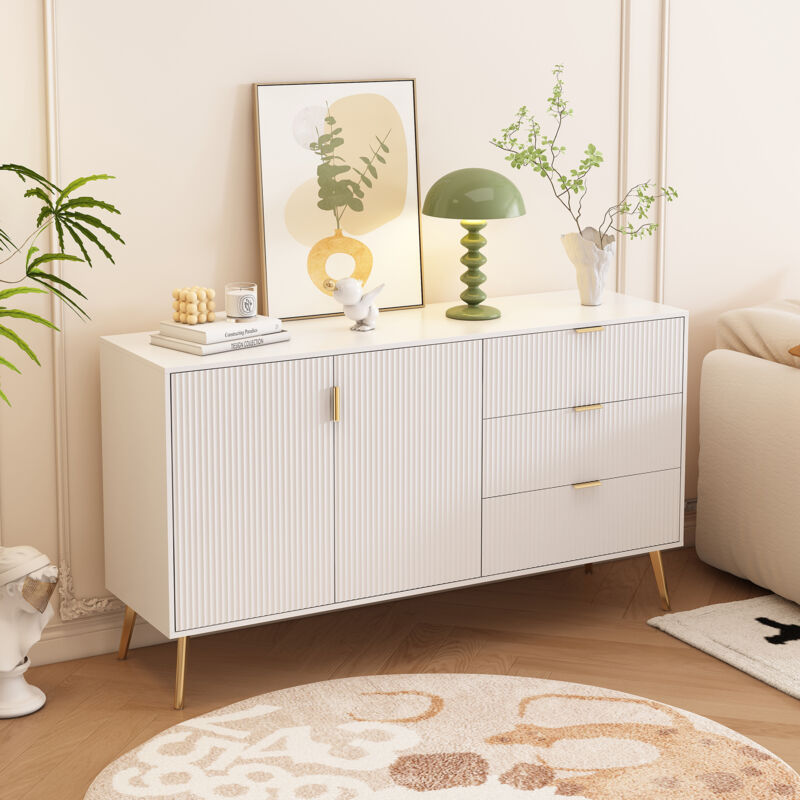Buffet moderne avec pieds et poignées plaqués or, commode, laqué, coins arrondis, pour chambre, salon et salle de bain, 7 compartiments, 140L40P78H
