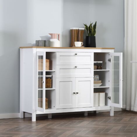 Buffet moderne blanc 120x40x90cm, 1 placard double, 2 vitrines, 2 tiroirs, étagère réglable
