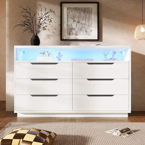 Buffet moderne blanc 6 tiroirs avec éclairage LED et plateau marbré – 120x40x85 cm