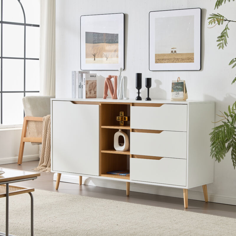 Buffet moderne blanc avec étagères réglables, 3 tiroirs et étagère ouverte, poignées dissimulées, pieds en bois massif, 140x40x80,5cm, avec design