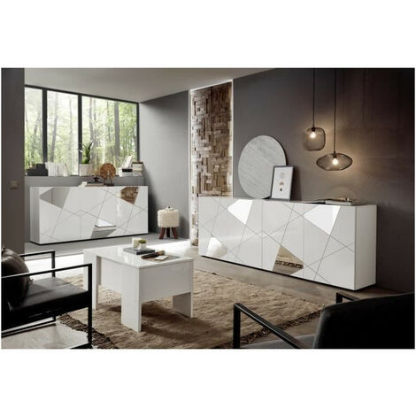 Buffet enfilade 3 portes blanc laqué brillant – Dimensions L181 x P42 x H84 cm – Style contemporain avec sérigraphie miroir – Homemania