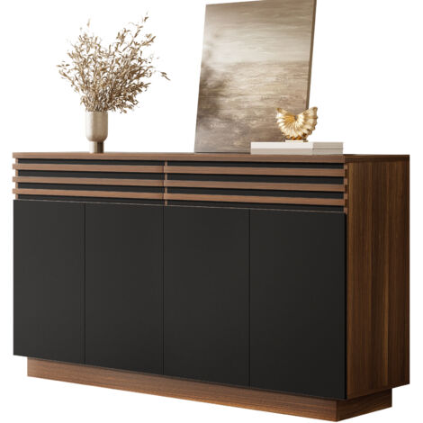 Buffet moderne bois brun 150x40x85cm avec 2 tiroirs et 4 portes noires,vaste rangement design chic pour salon cuisine.