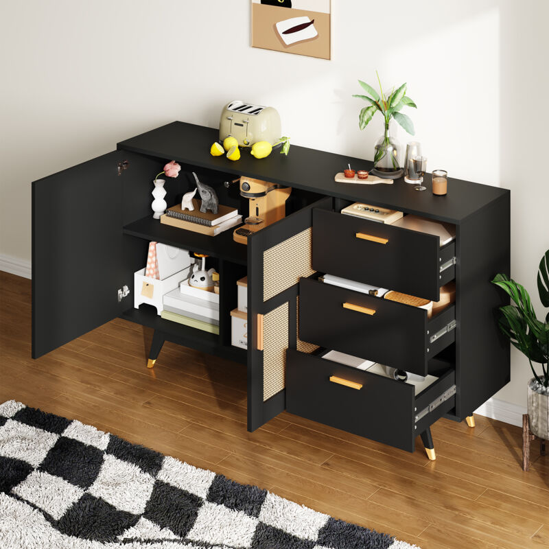 Buffet moderne, commode, 2 portes en rotin 3 tiroirs, meuble de rangement de salon, 160x40x87cm, noir