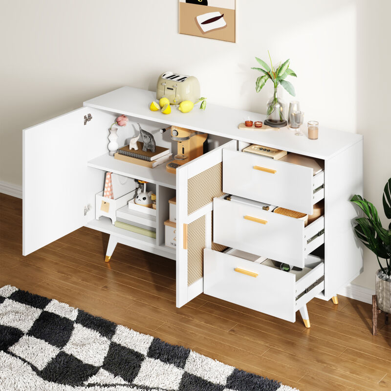 Buffet moderne, commode, 2 portes en rotin 3 tiroirs, meuble de rangement de salon, 160x40x87cm, blanc