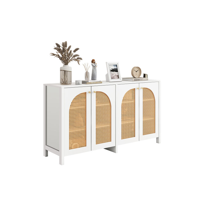 Buffet moderne de style minimaliste 4 portes en rotin, poignée métallique simple meuble buffet pour salle à manger, salon, cuisine (blanc)