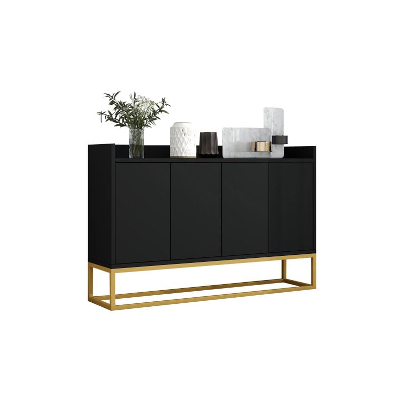 Buffet moderne de style minimaliste 4 portes sans poignées pour salle à manger, salon, cuisine (noir)