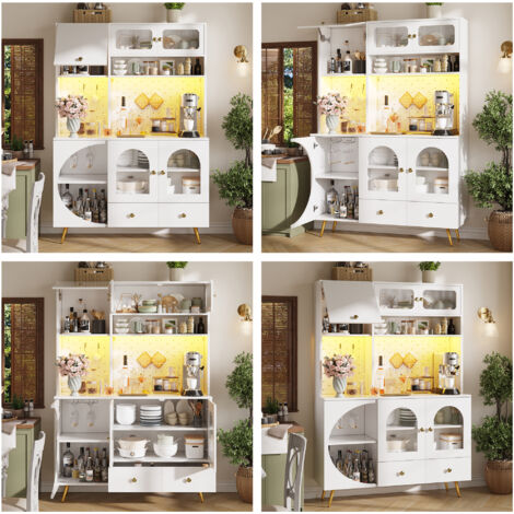 Buffet moderne éclairage LED ports USB prises,meuble haut cuisine salon mur perforé tiroir étagères verre blanc.