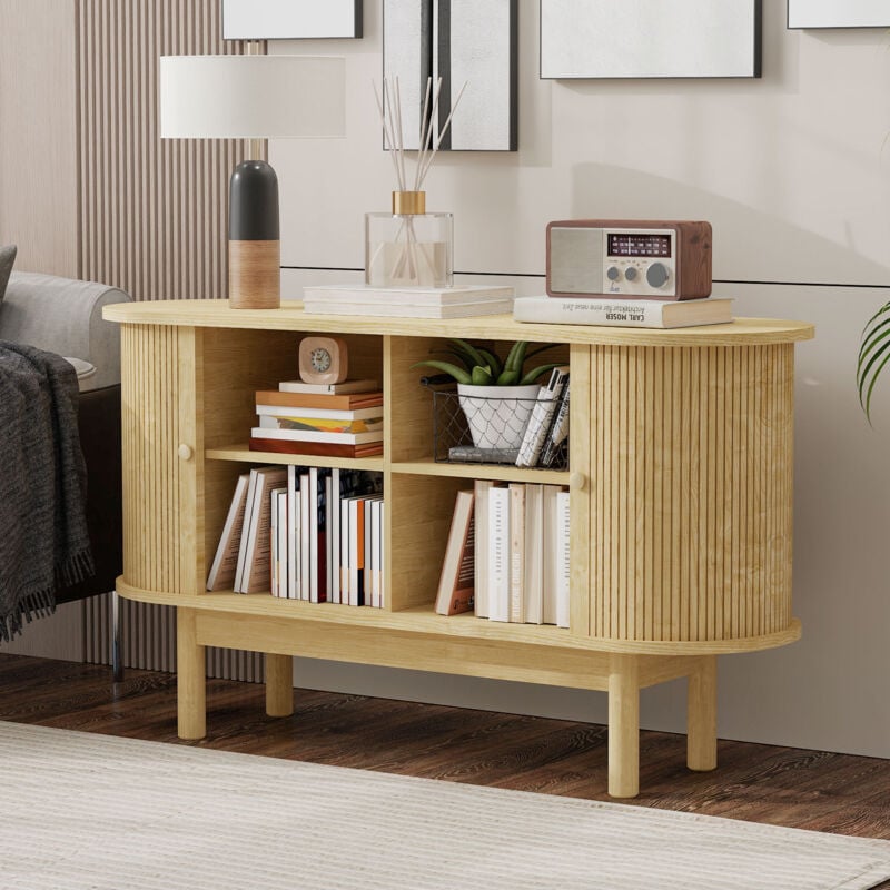 Buffet moderne en bois, buffet à lattes avec portes coulissantes et étagères réglables, mdf, 138x43x75 cm, bois clair