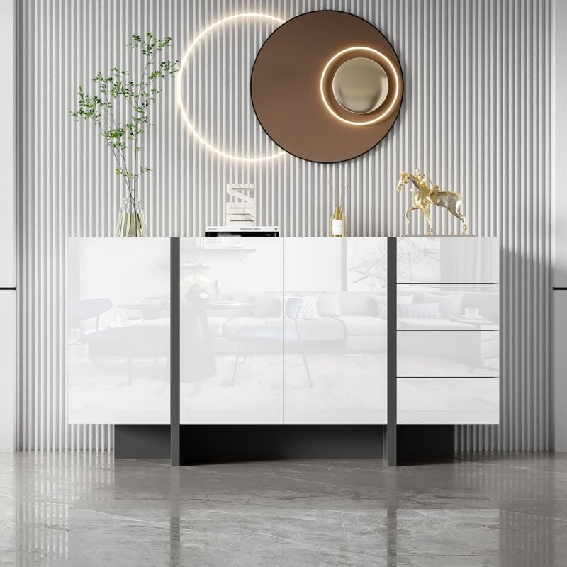 Buffet moderne et élégant 150x40x80.5cm, avec 2 portes et 4 tiroirs, blanc