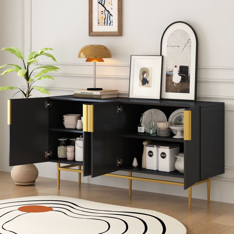 Modernluxe - Buffet moderne et élégant - 4 portes avec poignées en métal doré - Noir Laqué