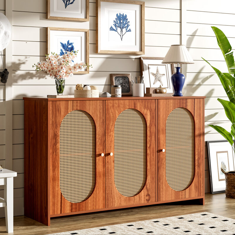 Buffet moderne et élégant avec 3 portes, grand espace de rangement, portes en imitation rotin et poignées en métal, meubles d'appoint pour salle à