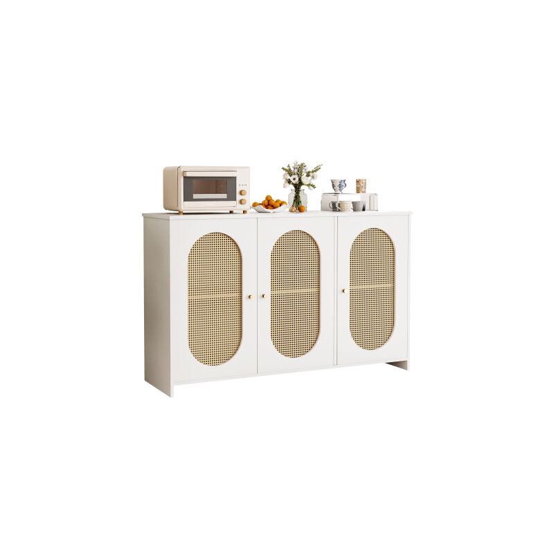 Buffet moderne et élégant avec 3 portes, grand espace de rangement, portes en rotin artificiel et poignées métalliques, meuble d'accentuation pour la