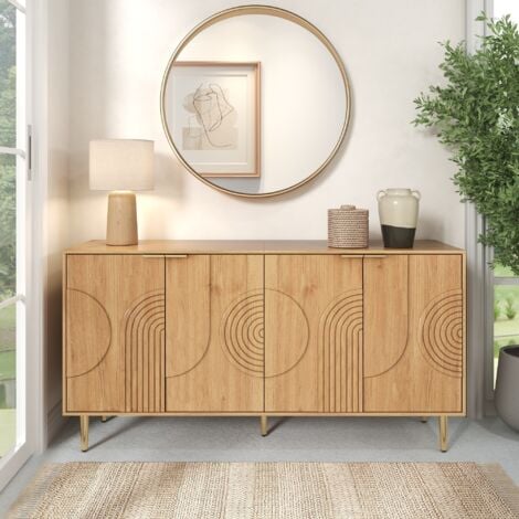NECHE Buffet moderne et simple,Meuble de rangement,4 Portes,Motif de lignes en relief circulaires,Buffet pour salon,140x40x72 cm