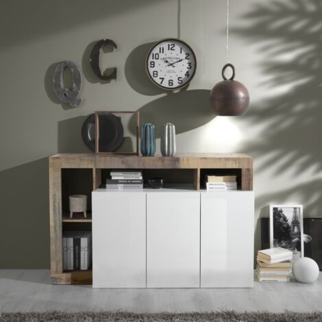 Buffet moderne laqué blanc et bois naturel 3 portes GAMA