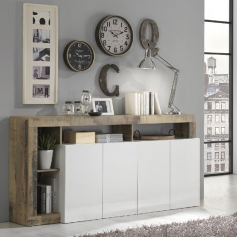 Buffet moderne laqué blanc et bois naturel 4 portes GAMA