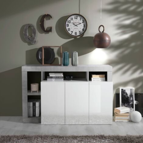 Buffet moderne laqué blanc et gris béton 3 portes GAMA