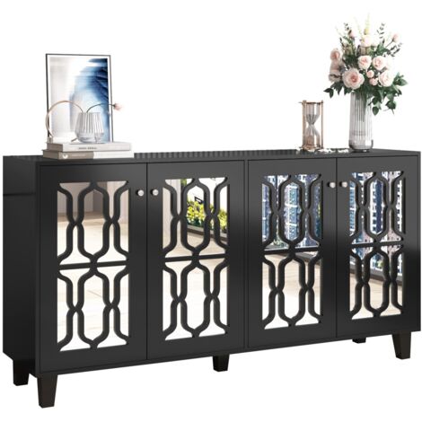 Buffet Moderne Miroir Noir 160cm - Poignée Cristal Froid - 4 Portes - Salon Style Moderne
