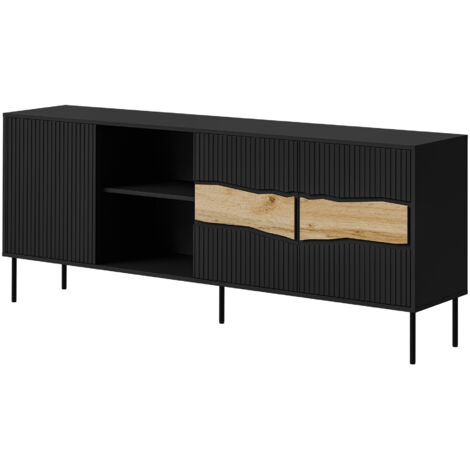 Buffet Monevare 101, Noir + Chêne wotan, 80x190cm, Le nombre de portes: 040cm, Stratifié, MDF, LED: Disponible