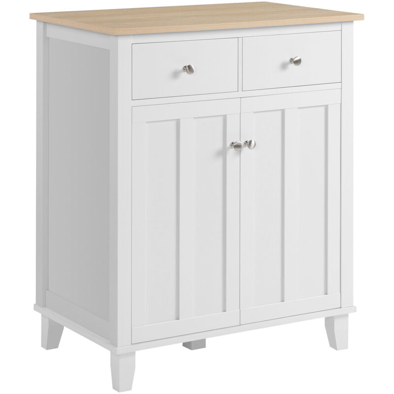 Buffet multi-rangement 2 portes avec étagère 2 tiroirs coulissants panneaux particules blanc aspect bois clair