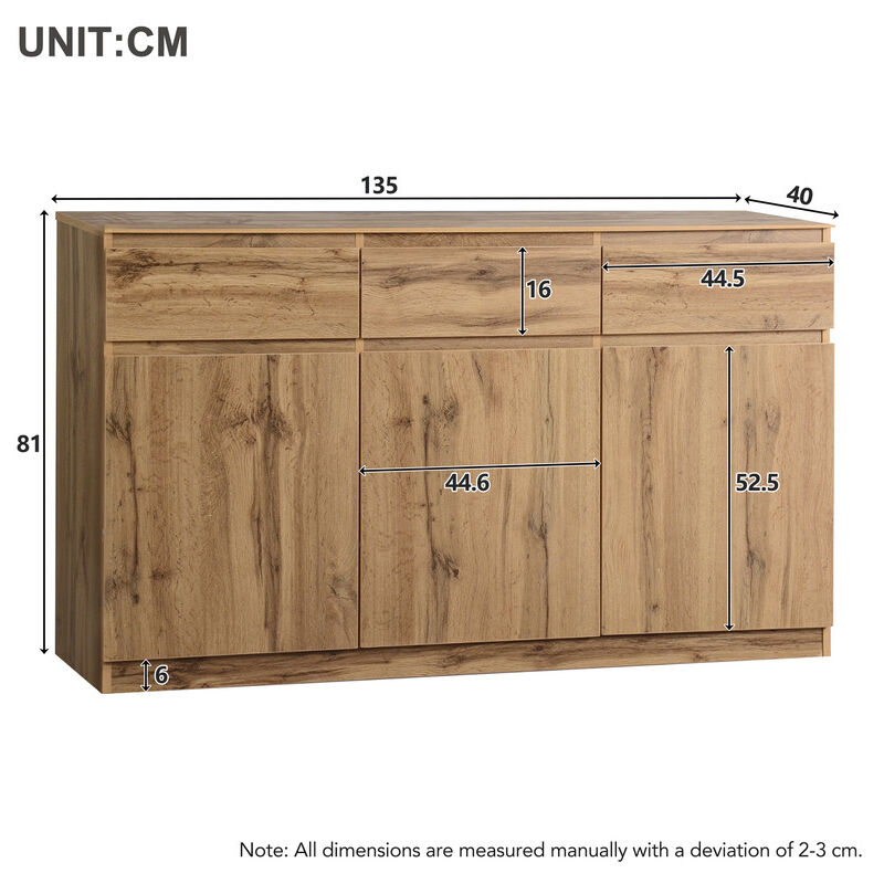 Buffet Multifonctionnel Aiducho En Aspect Bois - 3 Portes, 3 Tiroirs, Spacieux Pour Cuisine Et Salon - 135x40x81 Cm