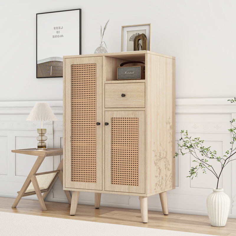 Okwish - Buffet aspect bois, commode, meuble de rangement avec 2 portes en rotin, 1 tiroir, meuble d'angle, pour entrée, salon et chambre, 60x40x101