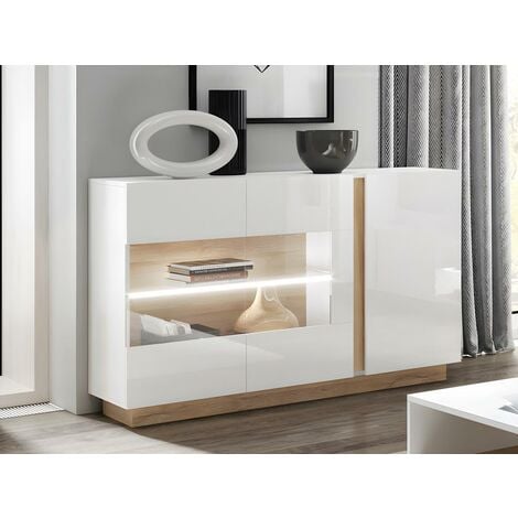 Buffet MURARI - 3 portes - Avec LEDs - Blanc brillant et chêne - Naturel clair, Blanc
