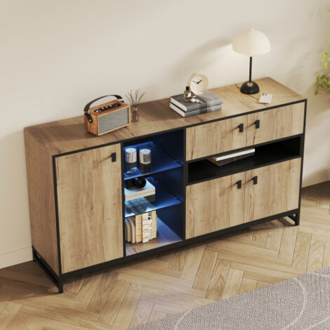 Buffet naturel 160x40x84 cm avec 2 portes et étagères verre, cloisons réglables, pour salon, salle à manger, bureau