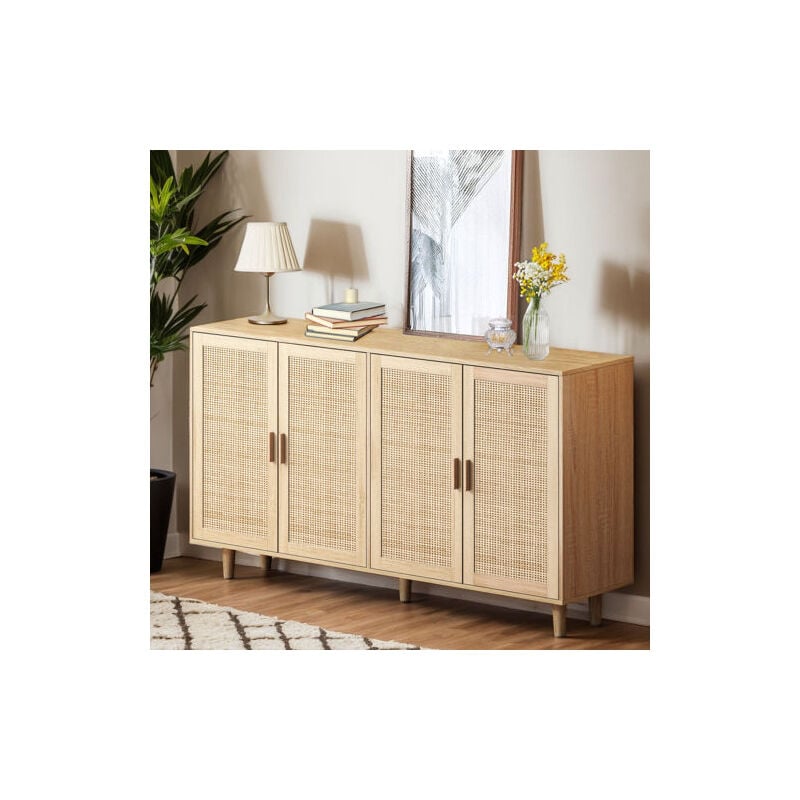 Buffet naturel, buffet haut 158 cm, 4 portes décorées en rotin, pour chambre, salon, bureau
