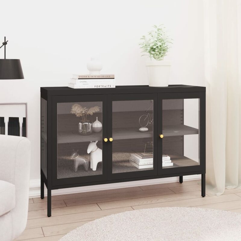 Buffet Noir 105x35x70 cm Acier et verre - Noir