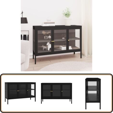 Buffet Noir 105x35x70 cm Acier et verre - Buffet Noir - Meuble Rangement - Armoire Laterale - Vitrine - Mobilier Salon
