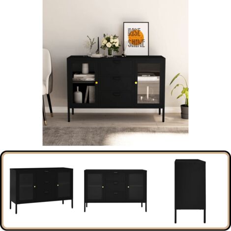 Buffet Noir 105x35x70 cm Acier et verre trempé - Buffet Noir - Meuble Rangement - Buffet Moderne - Buffet Industriel - Meuble Salon