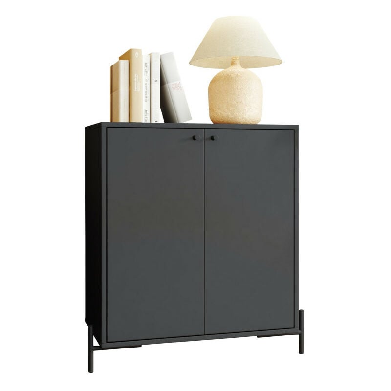 Buffet Noir 2 Portes 3 Niches Pieds Métal Ronds L 74.5 H 79 P 35 cm