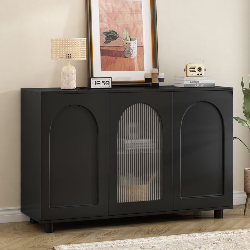Buffet noir 3 portes (portes 40 × 69,5 cm), design U, MDF, pieds hévéa laqués — salon/cuisine