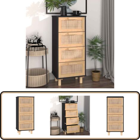 Buffet Noir 40x30x90 cm Bois de pin massif et rotin naturel - Buffet Noir - Meuble Rangement - Commode - Mobilier Salon - Décoration Intérieure