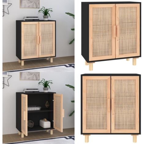 Buffet Noir 60x30x70 cm Bois de pin massif et rotin naturel - Buffet Noir - Meuble Rangement - Commode - Mobilier Salon - Décoration Intérieure - Home & Living