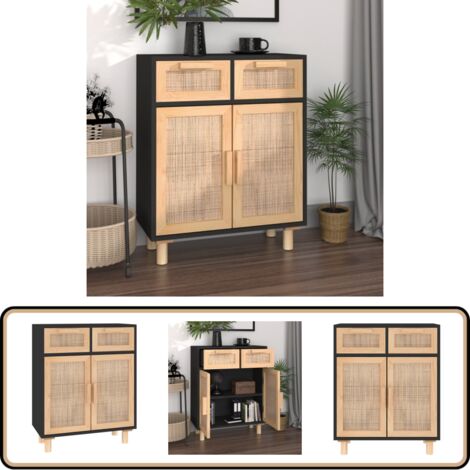 Buffet Noir 60x30x75 cm Bois de pin massif et rotin naturel - Buffet - Meuble De Rangement - Commode - Mobilier - Décoration Intérieure