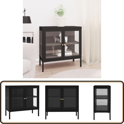 Buffet Noir 70x35x70 cm Acier et verre - Buffet Noir - Meuble Rangement - Armoire Laterale - Vitrine - Meubles Salon