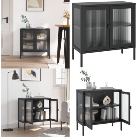 Buffet noir 70x35x70 cm verre et acier - Buffet - Armoire - Meuble De Rangement - Mobilier - Design Moderne - Home & Living