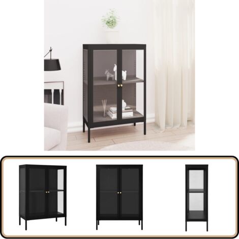 Buffet Noir 75x35x105 cm Acier et verre - Buffet Noir - Meuble Rangement - Armoire Laterale - Vitrine - Mobilier Salon