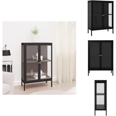 Buffet Noir 75x35x105 cm Acier et verre - Buffet Noir - Meuble Rangement - Armoire Laterale - Vitrine - Mobilier Salon