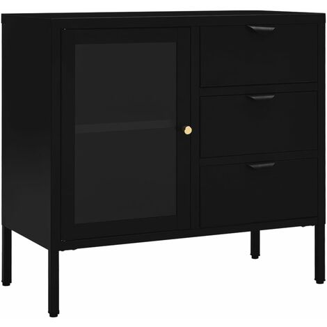 Buffet Noir 75x35x70 Acier et verre trempé