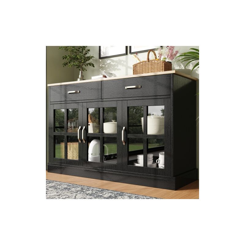 Buffet noir avec tiroir spaciaux, étagères réglables et portes vitrées noir, pour salon, cusine et chambre, 120×40×84cm
