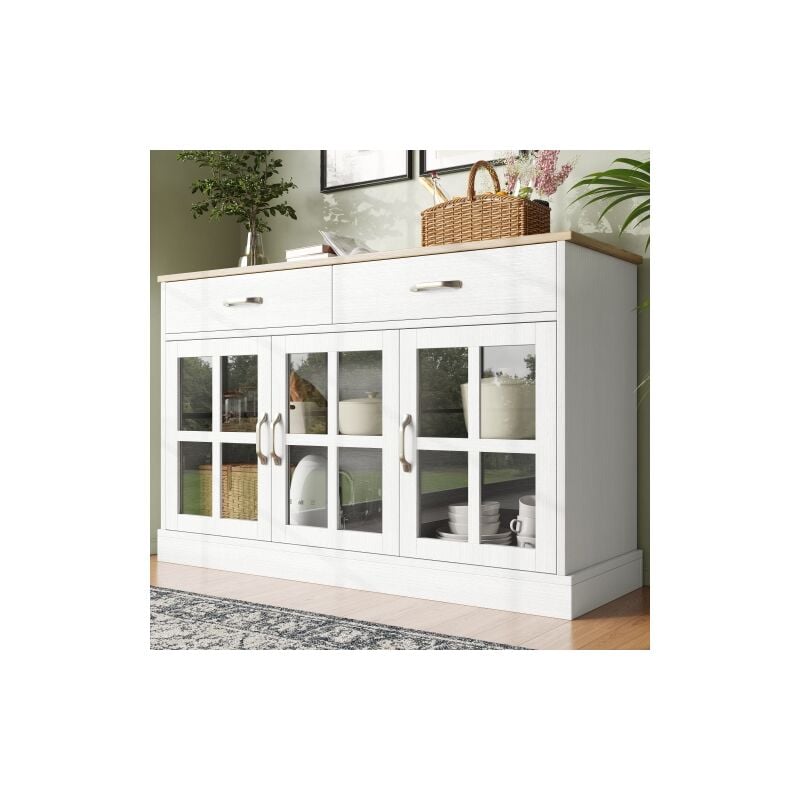 Okwish - Buffet blanc avec tiroir spaciaux, étagères réglables et portes vitrées noir, pour salon, cusine et chambre, 120×40×84cm