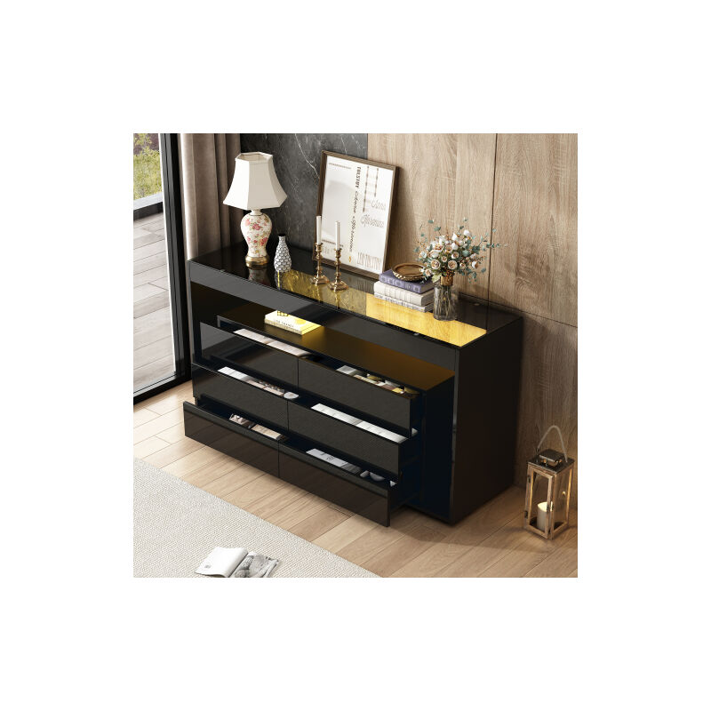 Buffet noir brillant, commode carrée à 6 grands tiroirs, avec plateau en verre trempé et conception à double couche, pour salon, couloir, chambre, Buffet noir brillant, commode carrée à 6 grands tiroirs, avec plateau en verre trempé et conception à double couche, pour salon, couloir, chambre,