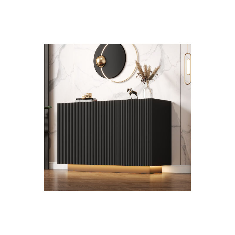 Buffet noir, buffet 120 cm avec éclairage led, plateau motif marbre, portes à rayures verticales