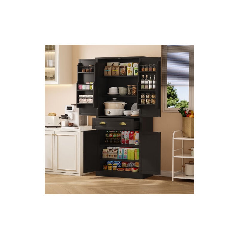 Buffet noir, Buffet 182 cm avec 4 portes et 1 tiroir, 6 compartiments et 4 étagères réglables, poignées noires, pour cuisine, salle à manger, salon