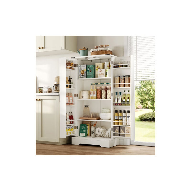 Buffet blanc, Buffet 128,5 cm avec LED, 2 portes battantes et étagères réglables, poignées noires, pour petits espaces dans la salle à manger, salon