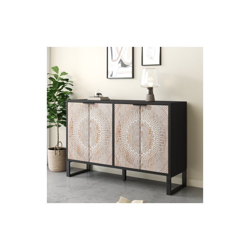 Buffet noir, buffet salon avec 4 portes profilées, étagères intérieures, poignées en métal et pieds réglables
