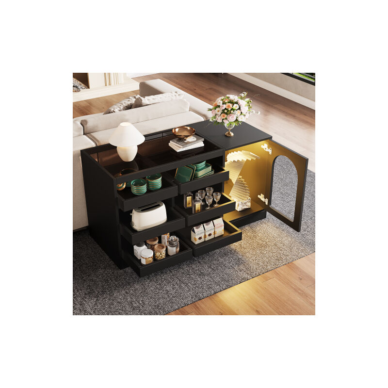 Okwish - Buffet noir, commodee de rangement avec 6 tiroirs et éclairage led, pour salon, cuisine et salle à manger, 120x40x75 cm Okwish - Buffet noir, commodee de rangement avec 6 tiroirs et éclairage led, pour salon, cuisine et salle à manger, 120x40x75 cm