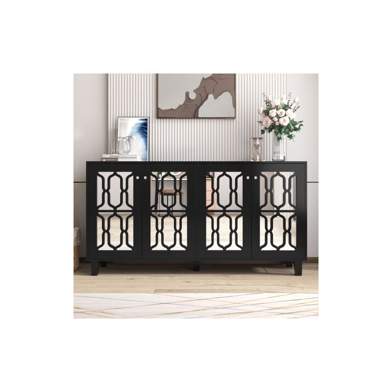 Buffet noir miroir avec quatre portes et poignées effet cristal pour salon et salle à manger, 160 x 40 x 84 - noir
